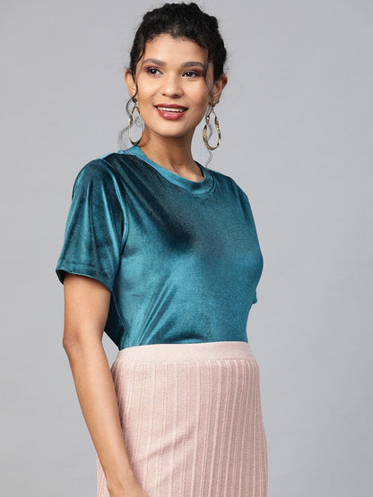 Women's Teal Velvet Basic Top