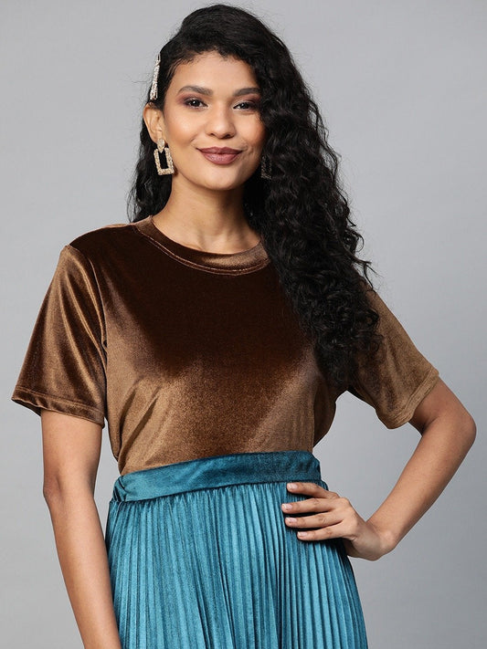 Women's Brown Velvet Basic Top