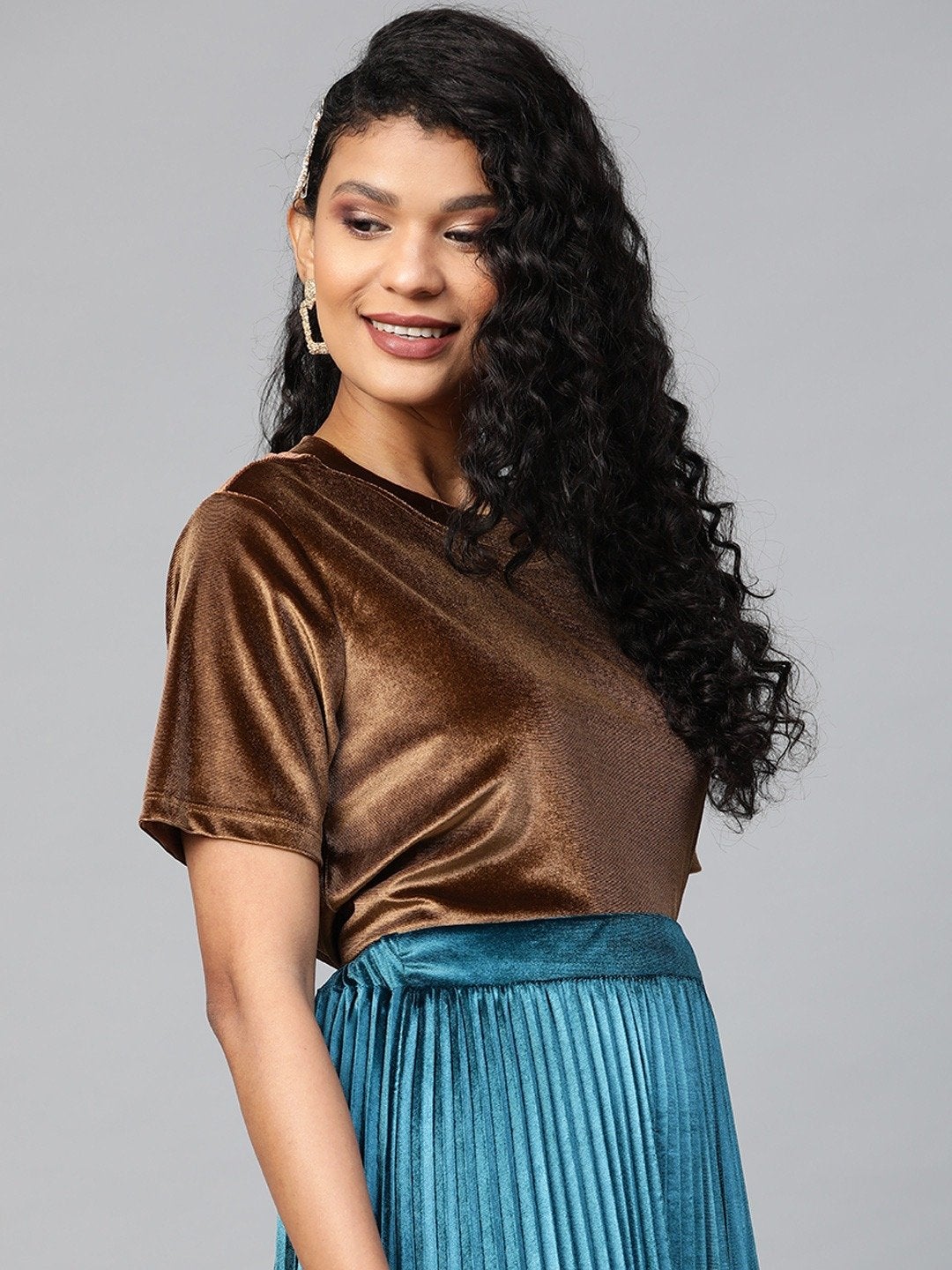 Women's Brown Velvet Basic Top