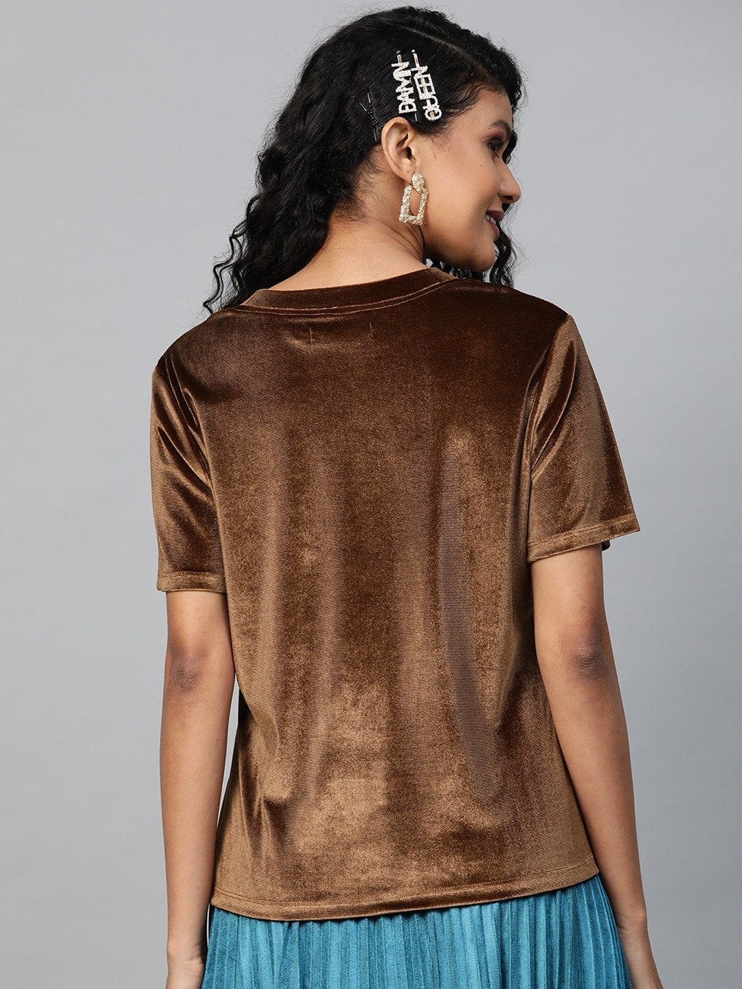 Women's Brown Velvet Basic Top