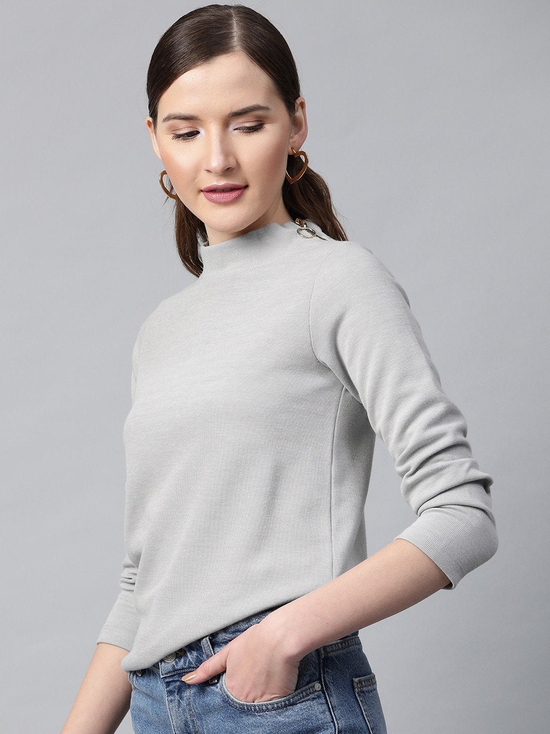 Women's Grey High Neck Rib Top