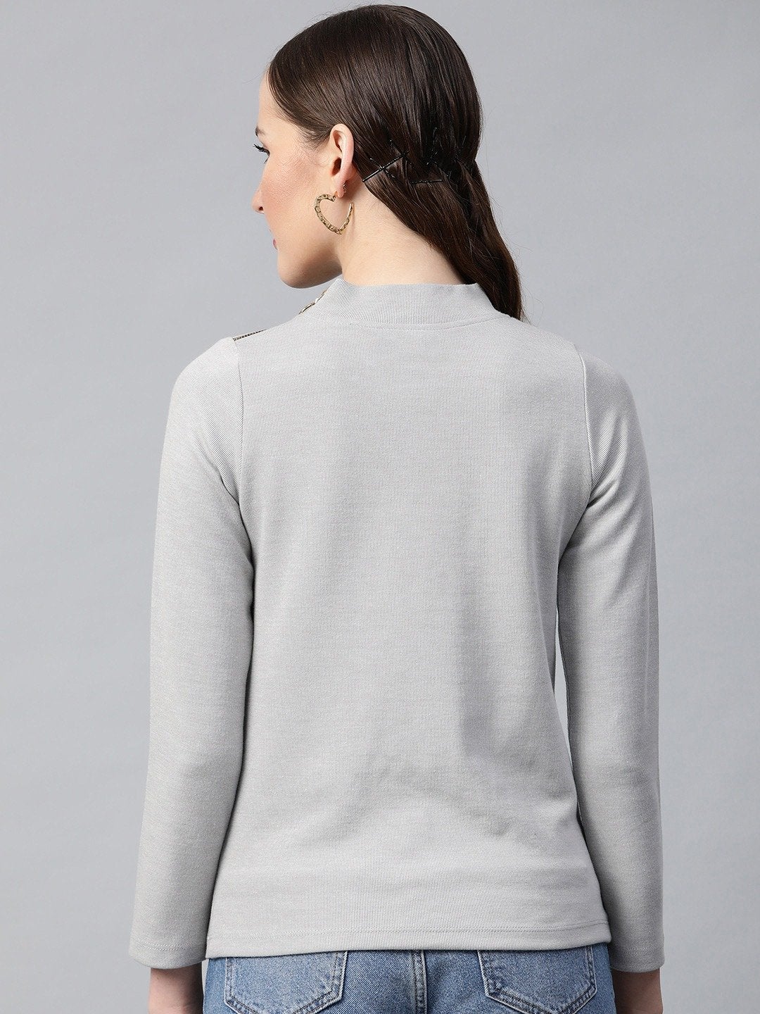 Women's Grey High Neck Rib Top