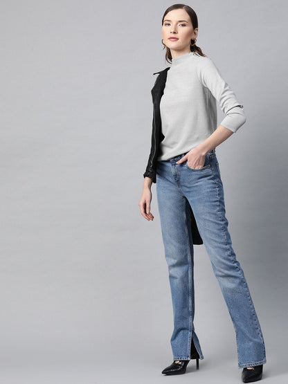 Women's Grey High Neck Rib Top