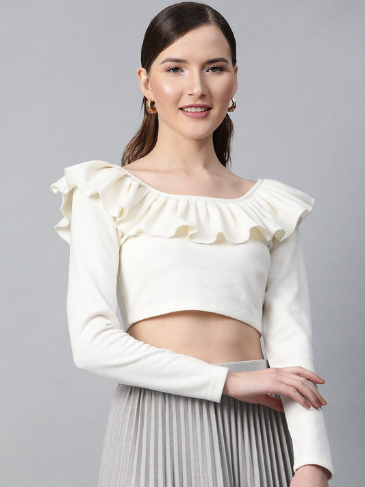 Women's Off White Frilly Neck Rib Crop Top