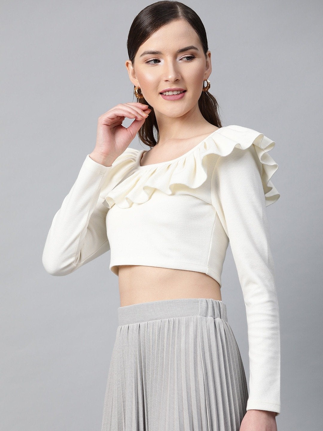 Women's Off White Frilly Neck Rib Crop Top