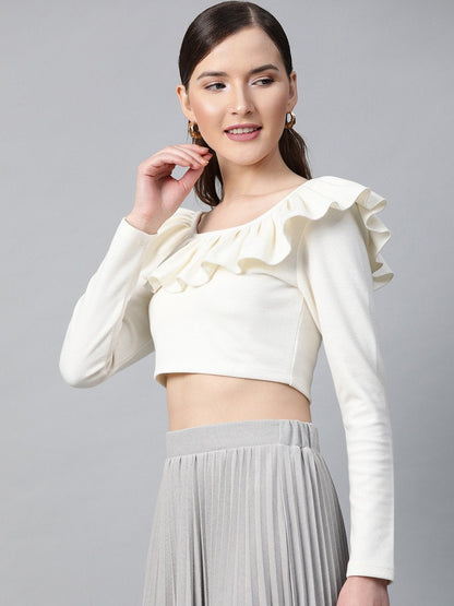 Women's Off White Frilly Neck Rib Crop Top