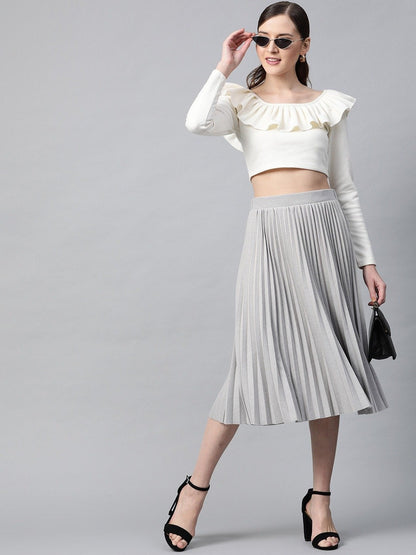 Women's Off White Frilly Neck Rib Crop Top