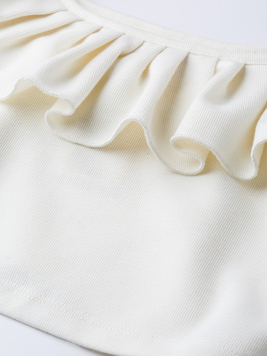 Women's Off White Frilly Neck Rib Crop Top