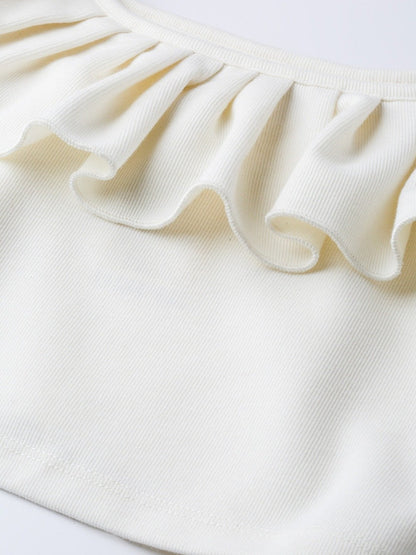 Women's Off White Frilly Neck Rib Crop Top