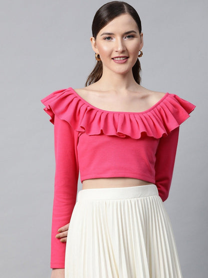 Women's Fuchsia Frilly Neck Rib Crop Top
