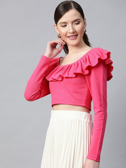 Women's Fuchsia Frilly Neck Rib Crop Top