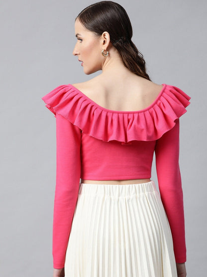 Women's Fuchsia Frilly Neck Rib Crop Top