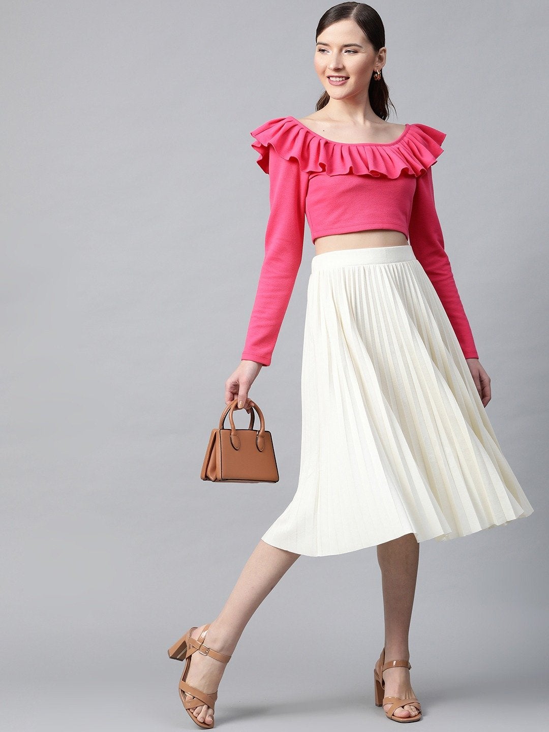 Women's Fuchsia Frilly Neck Rib Crop Top
