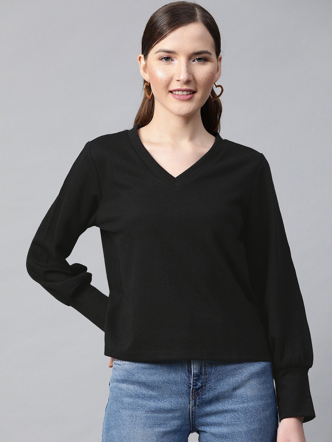 Women's Black V-Neck Rib Top
