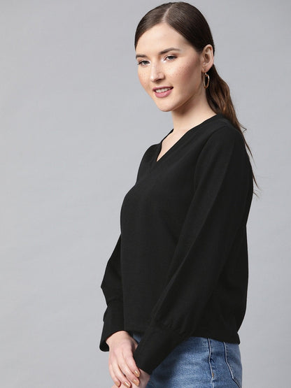 Women's Black V-Neck Rib Top
