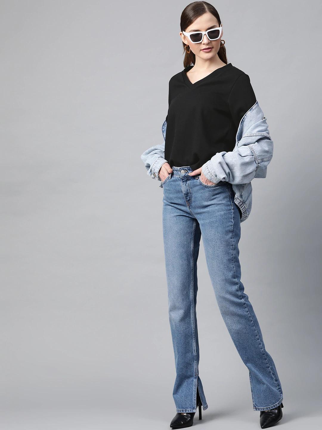Women's Black V-Neck Rib Top