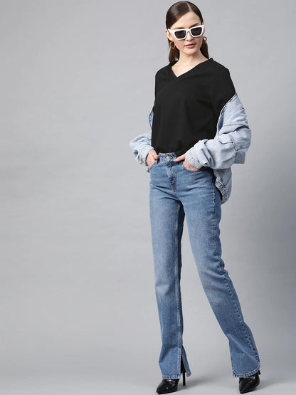 Women's Black V-Neck Rib Top