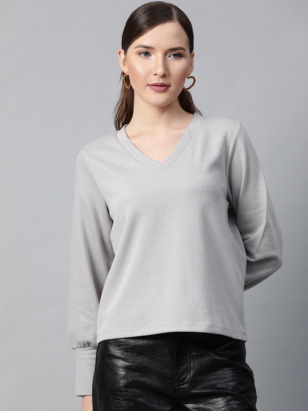 Women's Grey V-Neck Rib Top