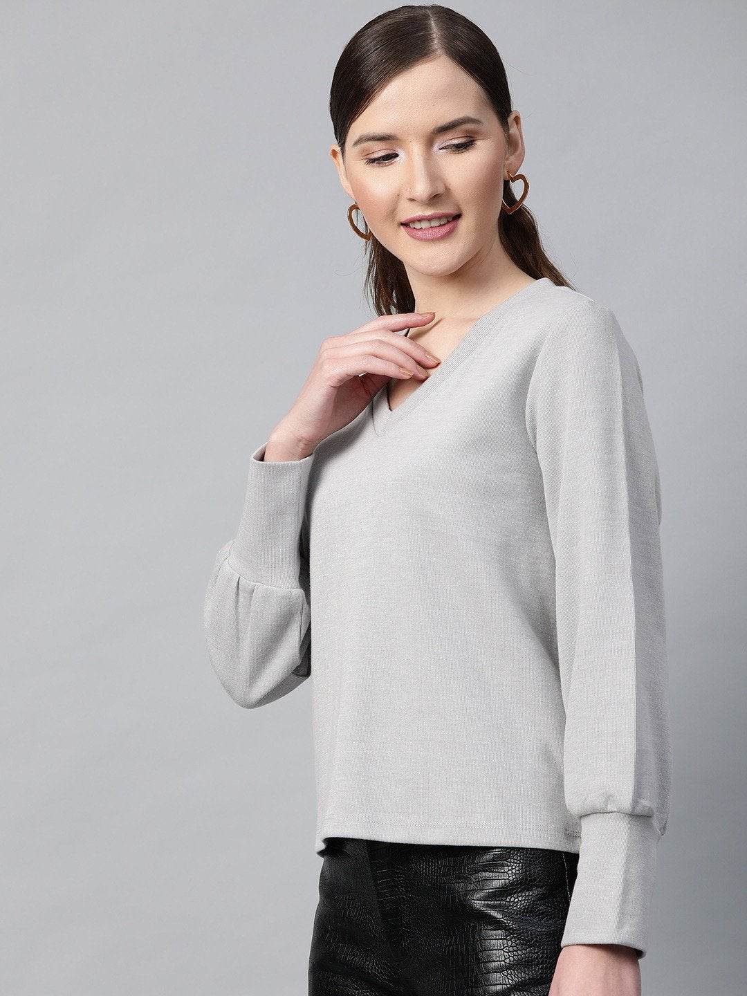 Women's Grey V-Neck Rib Top