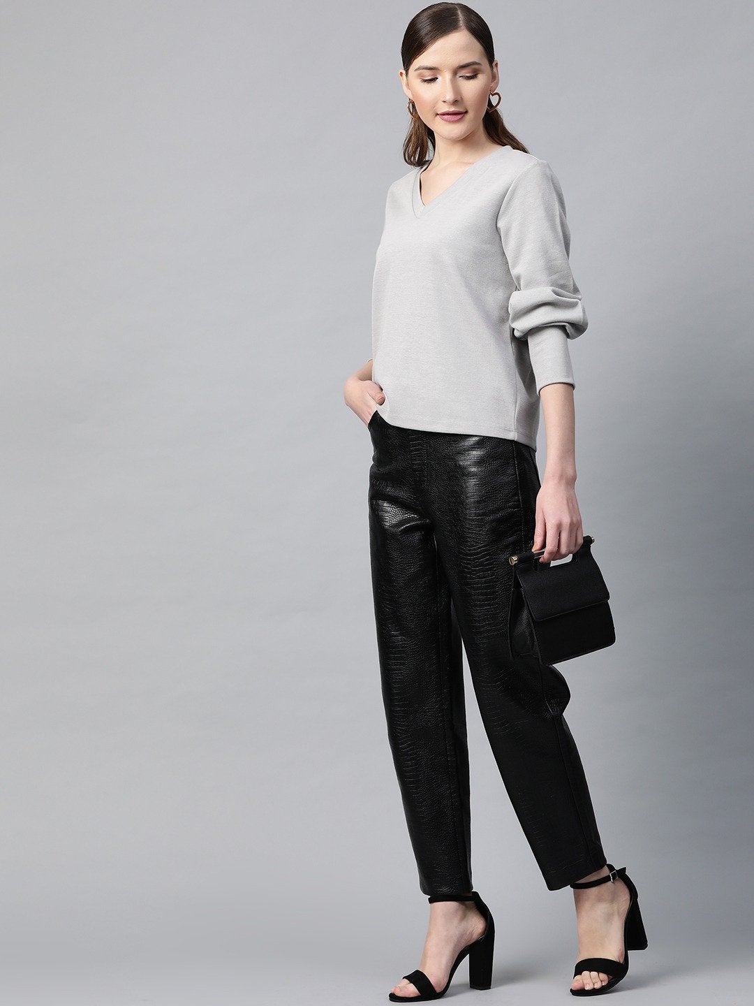 Women's Grey V-Neck Rib Top