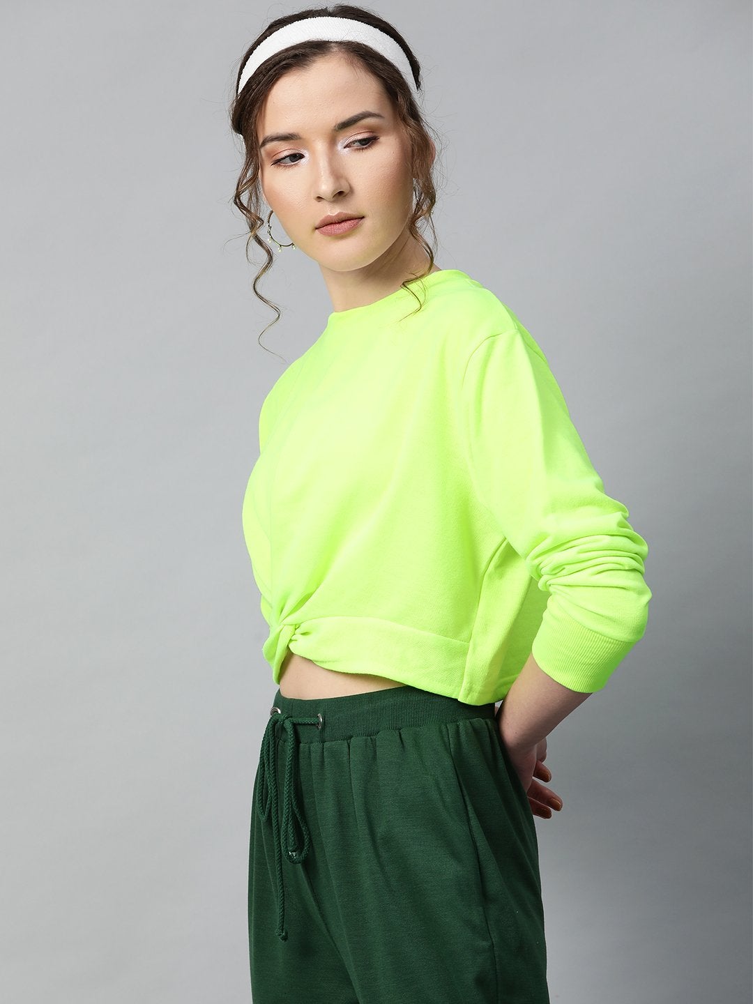 Women's Neon Green Terry Knot Crop Top
