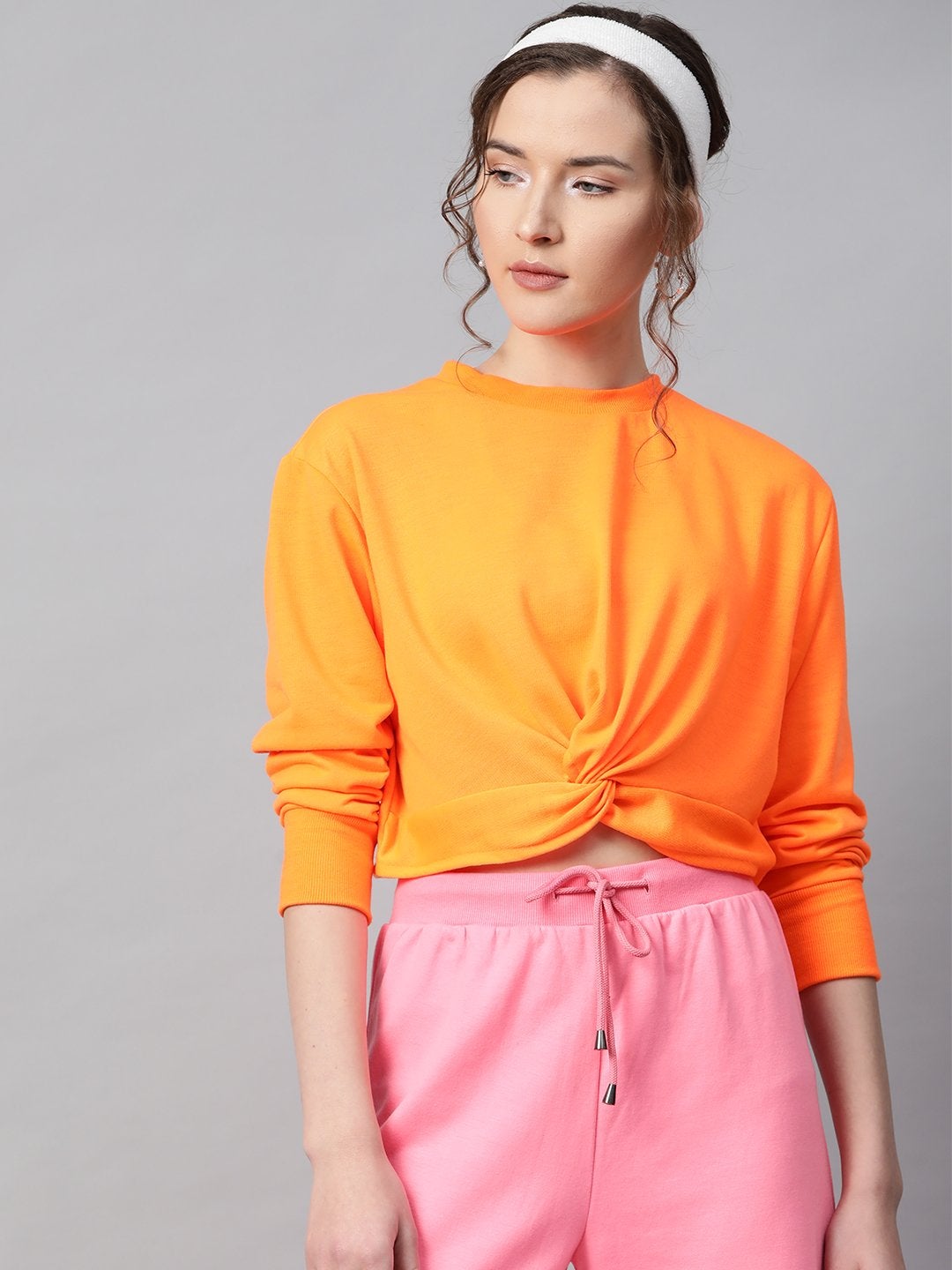 Women's Neon Orange Terry Knot Crop Top