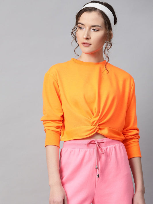 Women's Neon Orange Terry Knot Crop Top