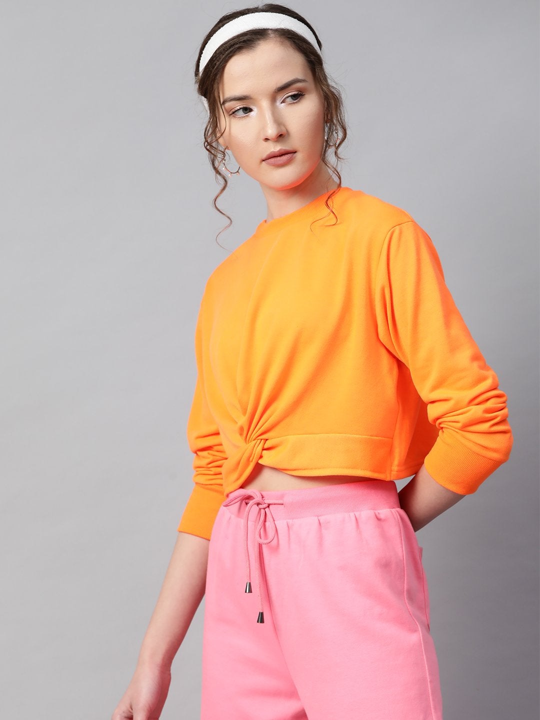 Women's Neon Orange Terry Knot Crop Top