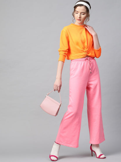 Women's Neon Orange Terry Knot Crop Top