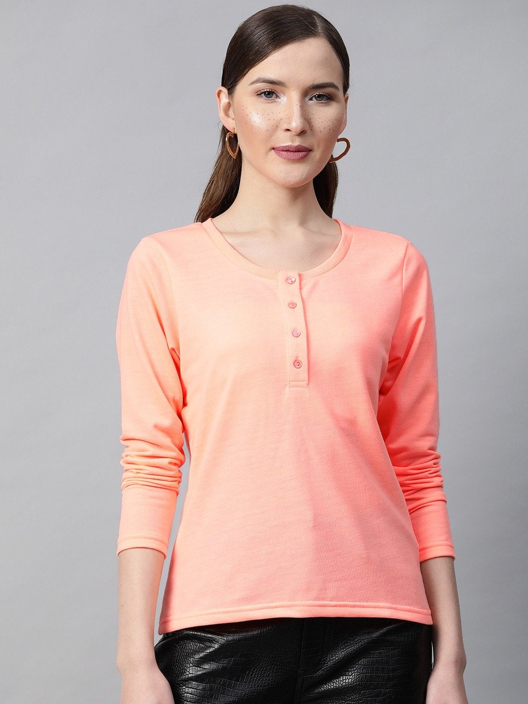 Women's Peach Henley Full Sleeve T-Shirt