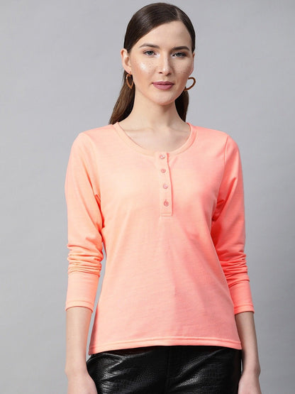 Women's Peach Henley Full Sleeve T-Shirt