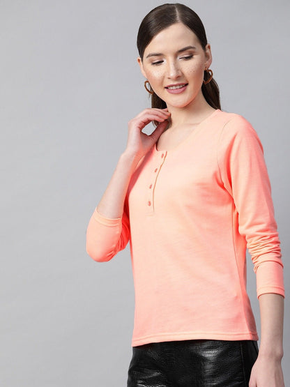 Women's Peach Henley Full Sleeve T-Shirt