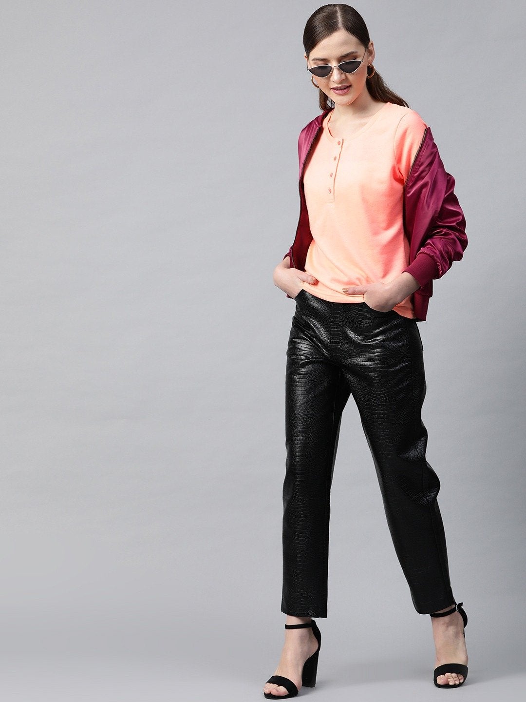 Women's Peach Henley Full Sleeve T-Shirt