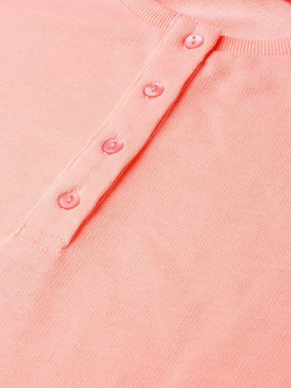 Women's Peach Henley Full Sleeve T-Shirt