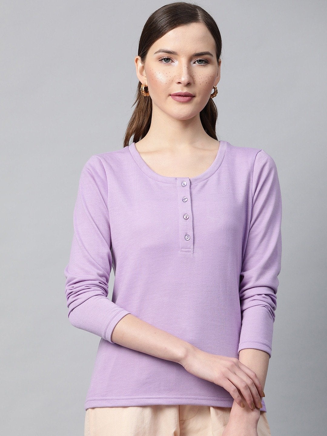 Women's Purple Henley Full Sleeve T-Shirt
