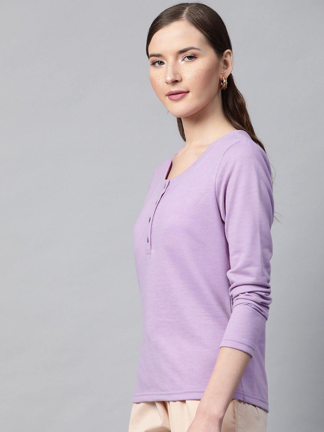 Women's Purple Henley Full Sleeve T-Shirt