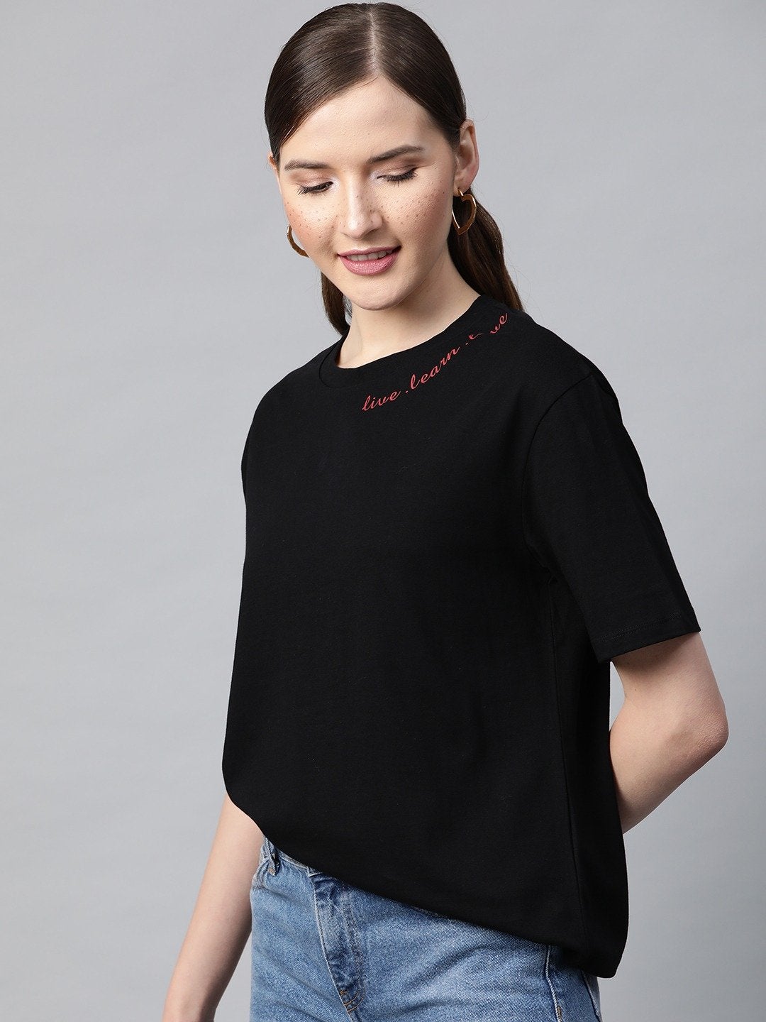 Women's Black Live-Learn-Love Print T-Shirt