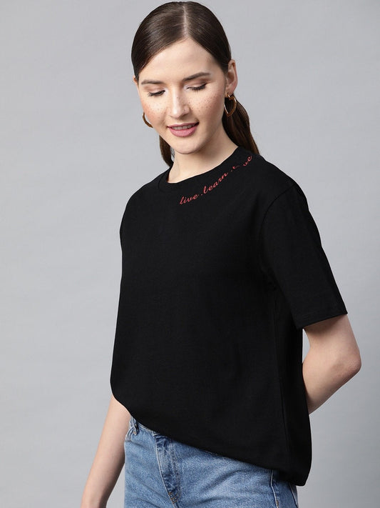 Women's Black Live-Learn-Love Print T-Shirt