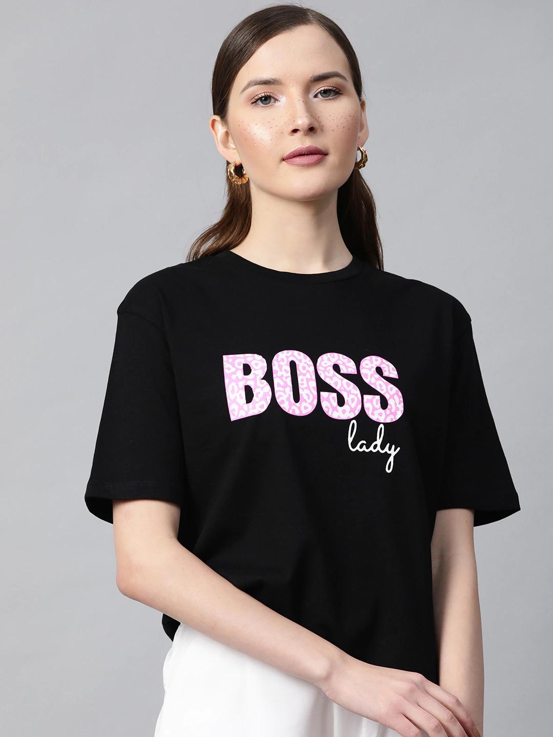 Women's Black Boss-Print T-Shirt