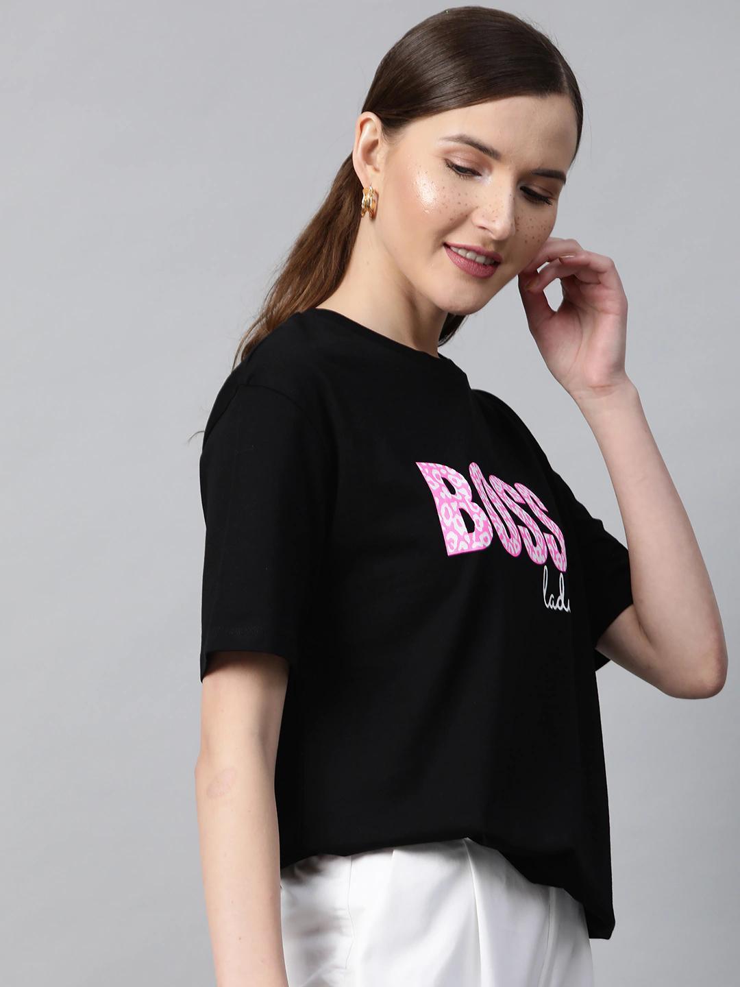 Women's Black Boss-Print T-Shirt