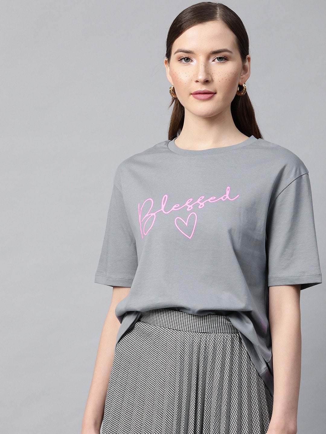 Women's Grey Blessed-Print T-Shirt