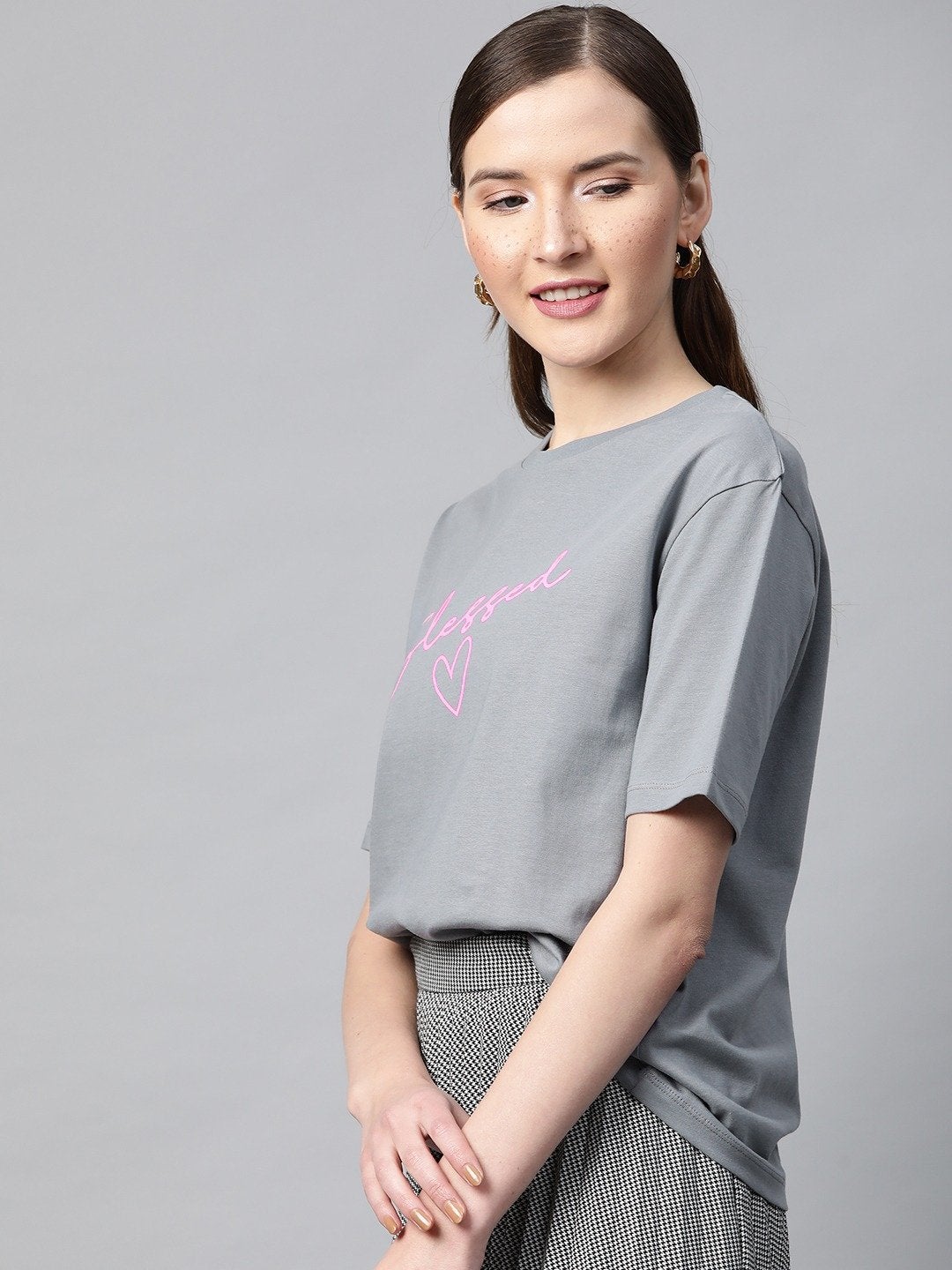 Women's Grey Blessed-Print T-Shirt