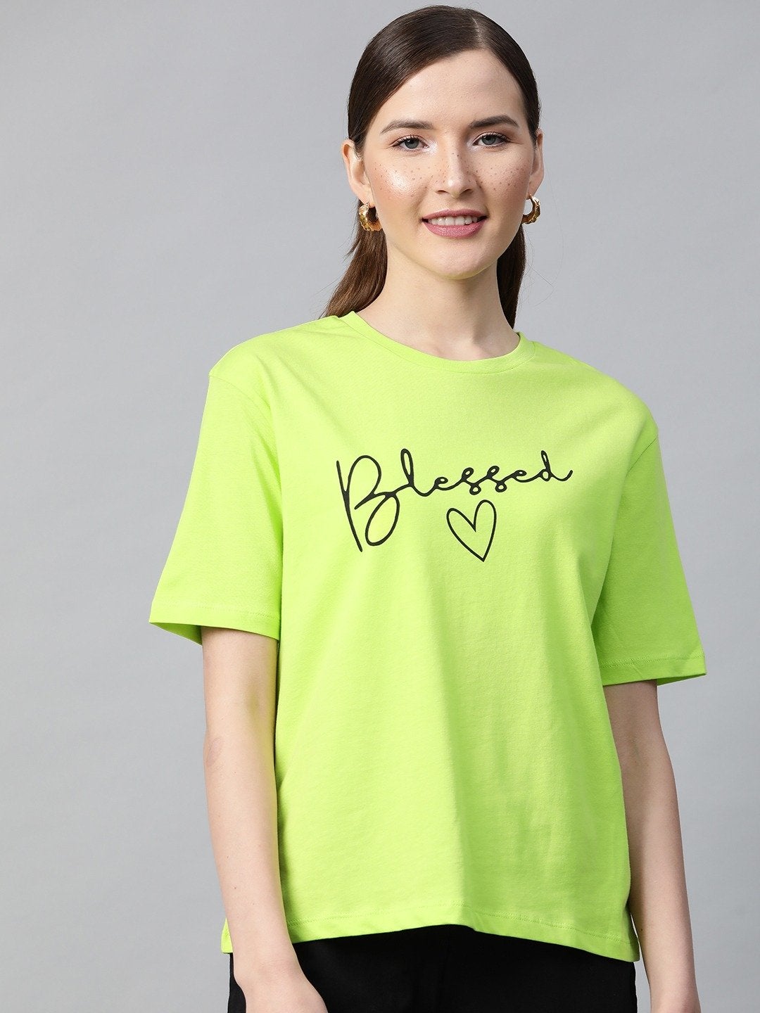 Women's Neon Green Blessed-Print T-Shirt