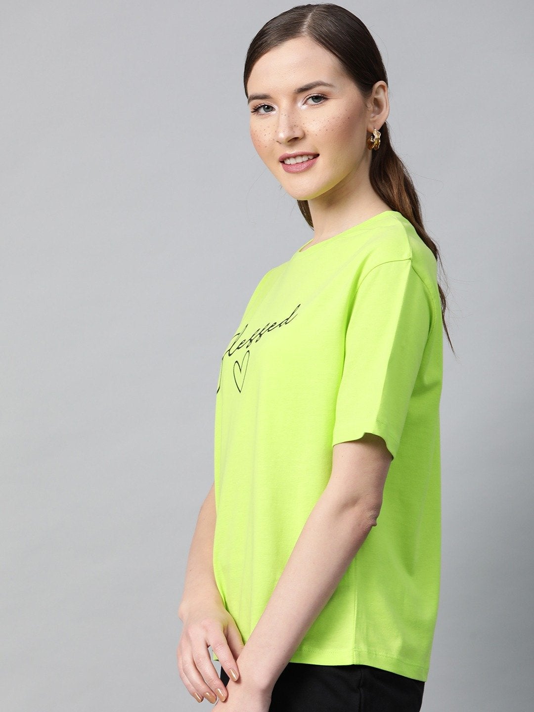 Women's Neon Green Blessed-Print T-Shirt