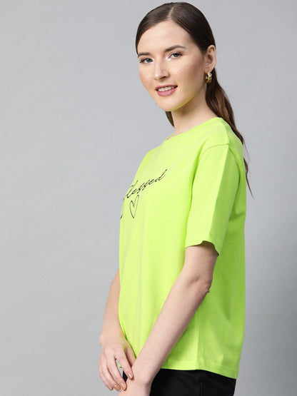 Women's Neon Green Blessed-Print T-Shirt