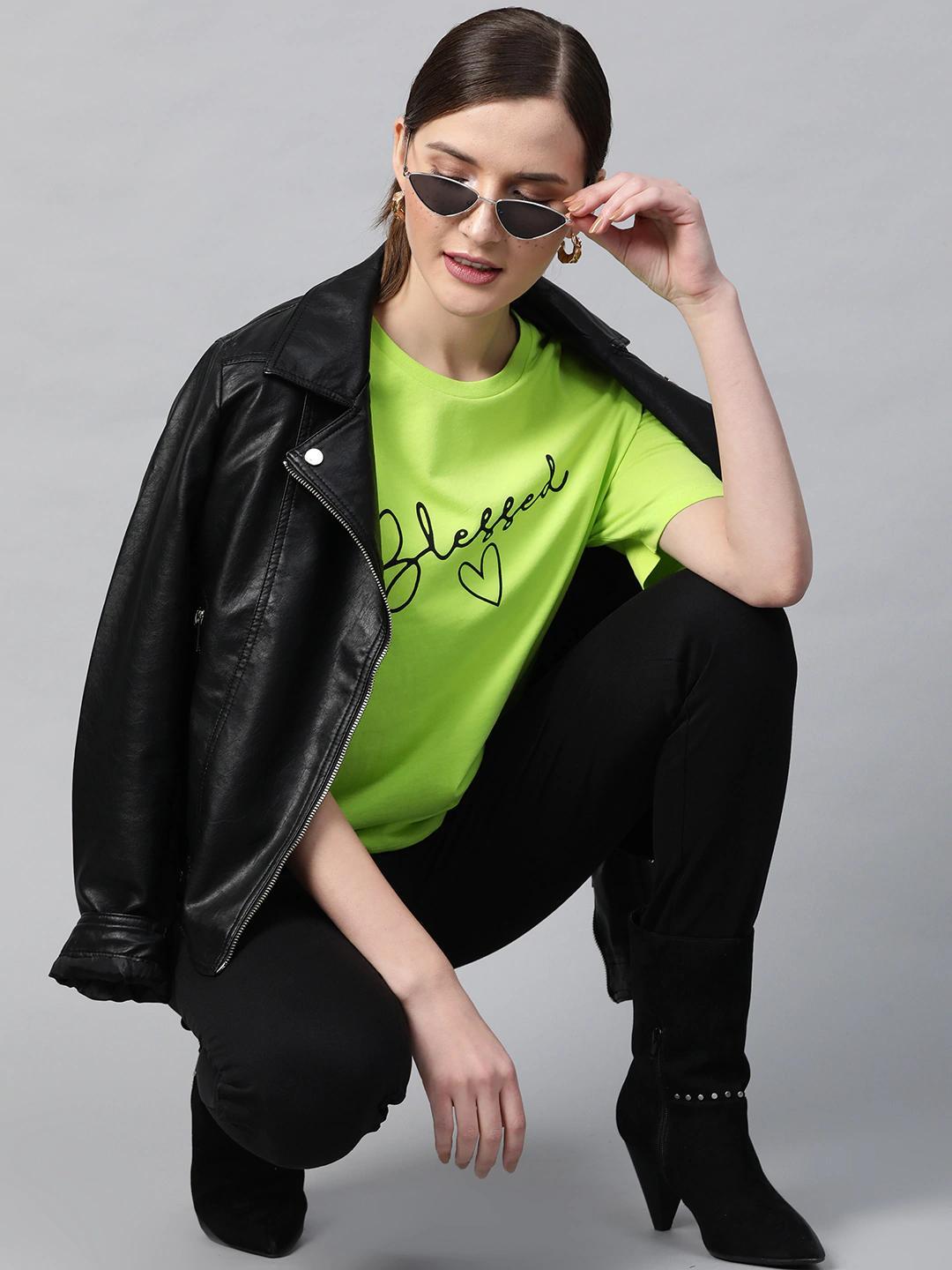 Women's Neon Green Blessed-Print T-Shirt