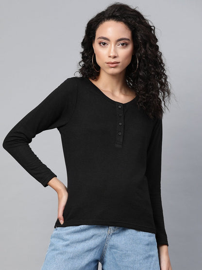 Women's Black Full Sleeve Henley T-Shirt