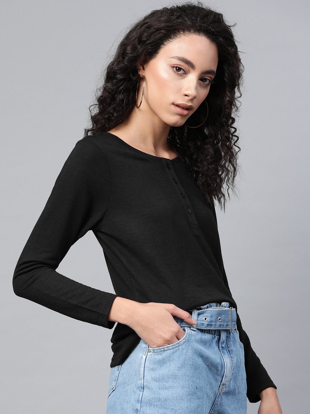 Women's Black Full Sleeve Henley T-Shirt