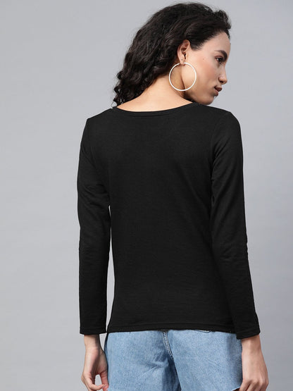 Women's Black Full Sleeve Henley T-Shirt