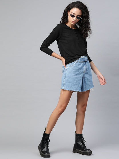Women's Black Full Sleeve Henley T-Shirt